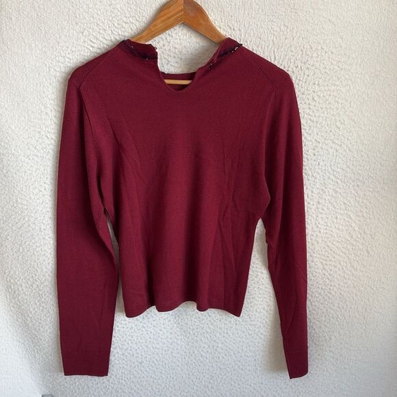 J Crew Carolyn embellished fitted crewneck sweater in merino wool Large Burgundy - Picture 3 of 11